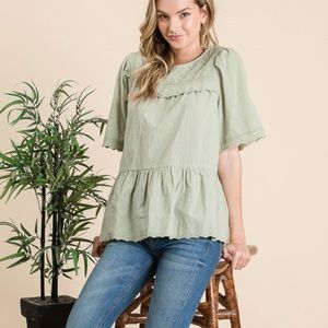 Sage Green Swiss Dotted Texture Cotton Scalloped Top with Lurex Woven Detail
